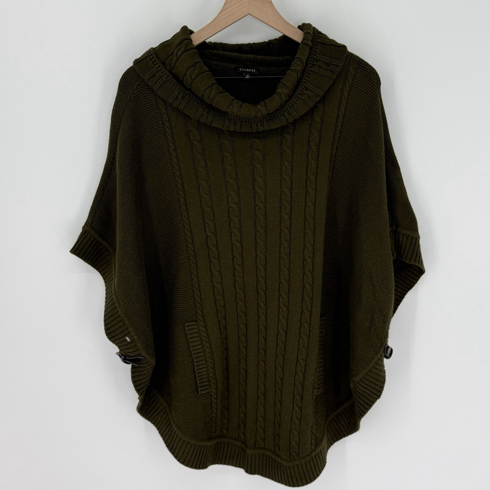 Talbots Cable Knit Cowl Neck Poncho Green Women’s Size Medium